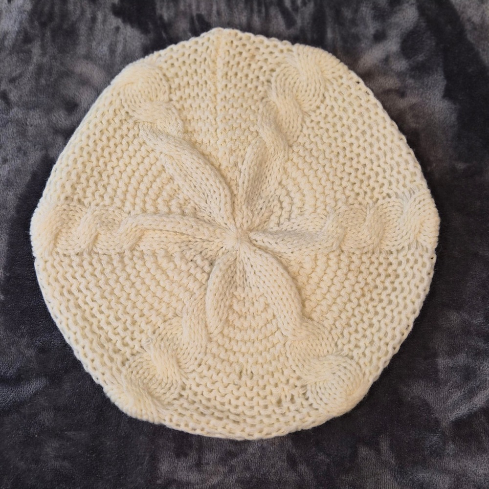 Unbranded Cream Ivory Cable Knit Beret Slouchy Beanie Winter Hat Starburst Tam